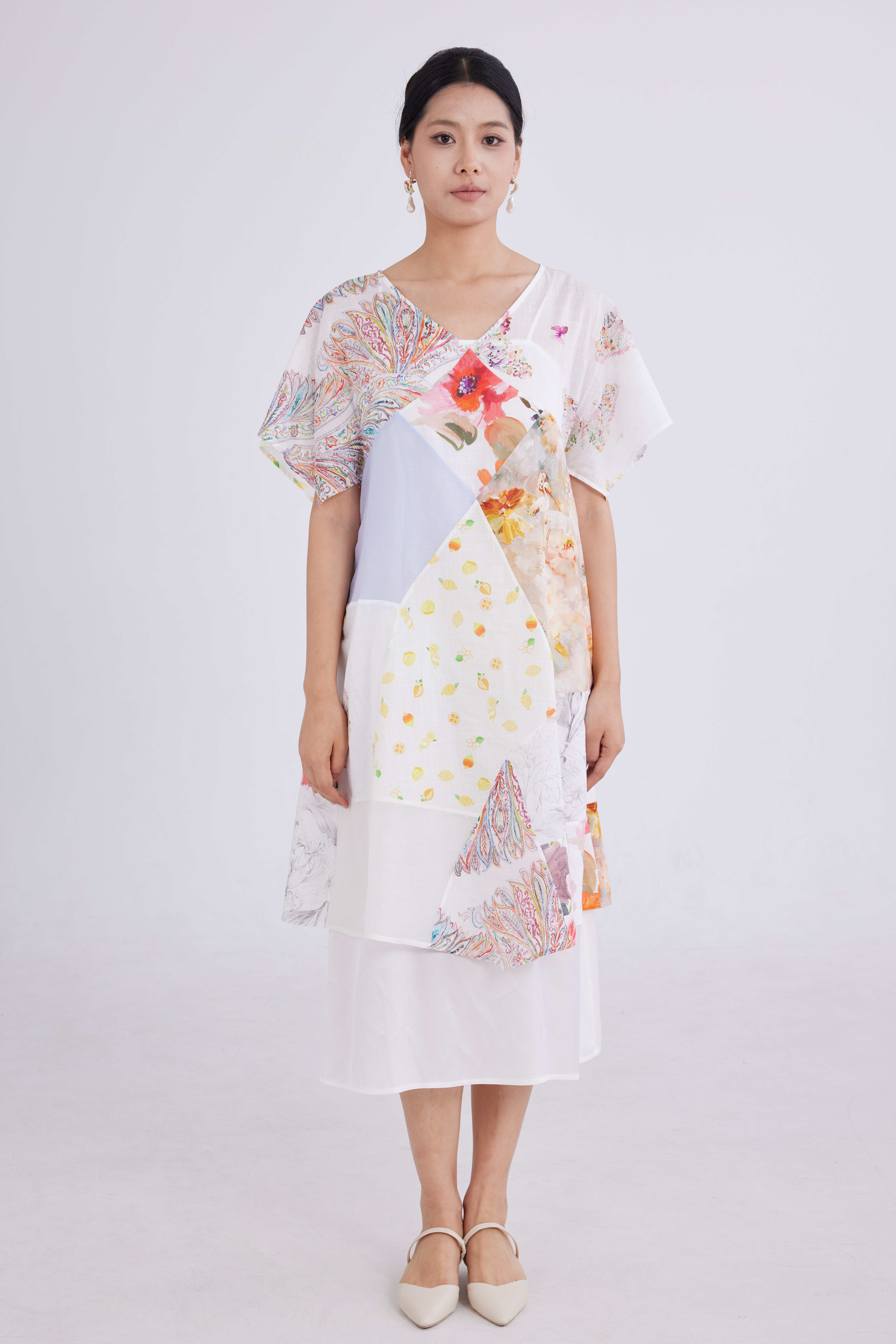 印花多色拼接裙